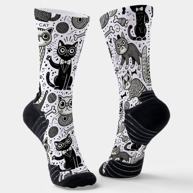 Funny Black and White Cat Pattern Socks (Angled)
