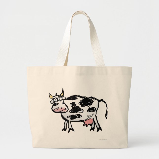 Funny Black and White Cow Cartoon Large Tote Bag (Front)