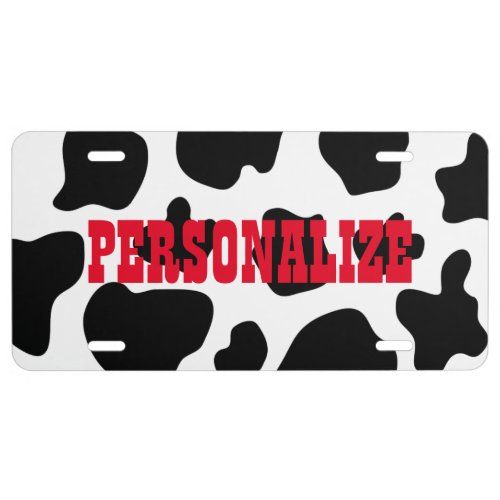 Funny black and white cow spot pattern license plate