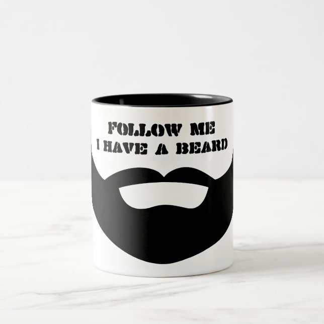 Funny Black and White "Follow Me, I Have a Beard" Two-Tone Coffee Mug (Center)