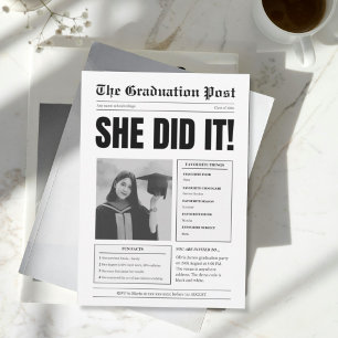 Funny black and white newspaper graduation party invitation
