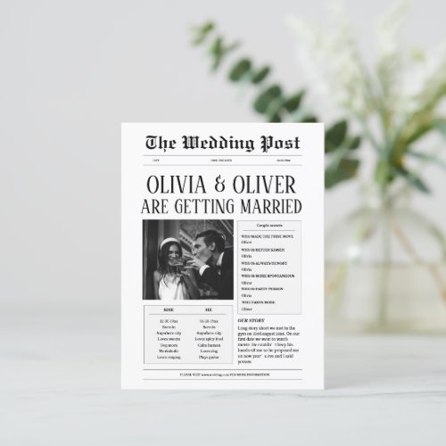 Funny black and white newspaper photo wedding  postcard