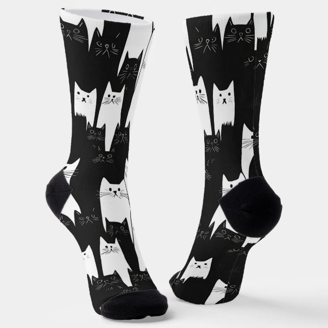 Funny Black And White Pattern Socks For Cat Lovers (Angled)