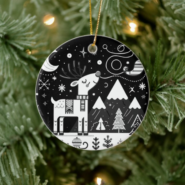 Funny Black and White Reindeer Pattern Ceramic Ornament (Tree)