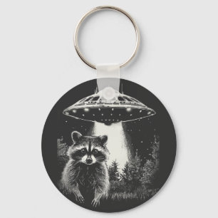 Funny Black and White Space Raccoon UFO Keychain