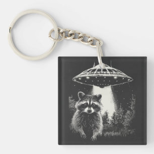 Funny Black and White Space Raccoon UFO Keychain