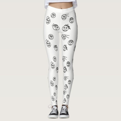 Funny Black and White Stick Man Faces Design Leggings