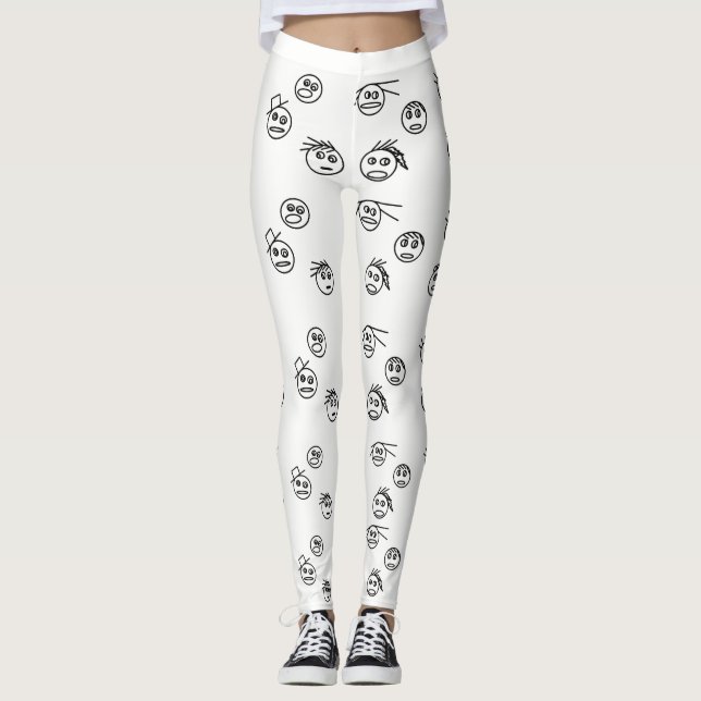 Funny Black and White Stick Man Faces Design Leggings (Front)