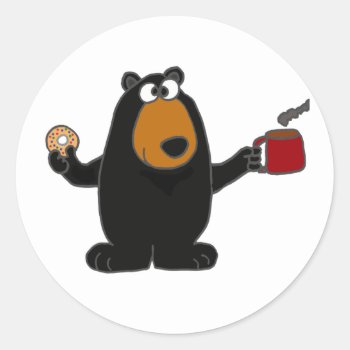 Funny Black Bear Eating Donut And Drinking Coffee Classic Round Sticker by naturesmiles at Zazzle