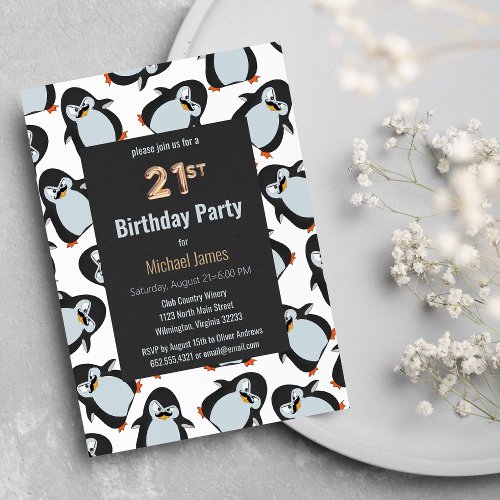 Funny Black Blue Orange Penguin 21st Birthday Invitation