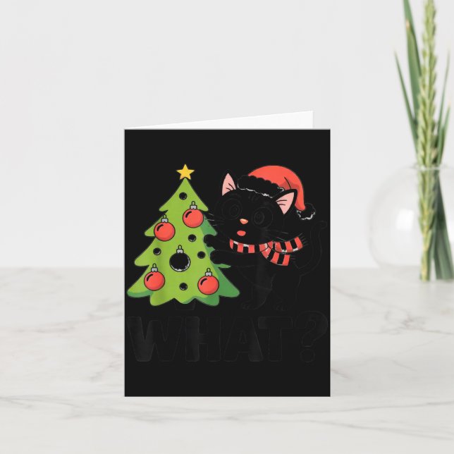 Funny Black Ca Pushing Christmas Tree Over Cat Wha Card (Front)