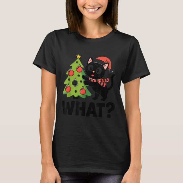 Funny Black Ca Pushing Christmas Tree Over Cat Wha T-Shirt (Front)