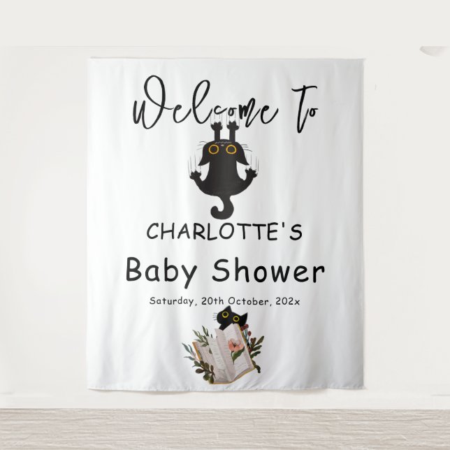 Funny Black Cat and Book Baby Shower Backdrop (Front)