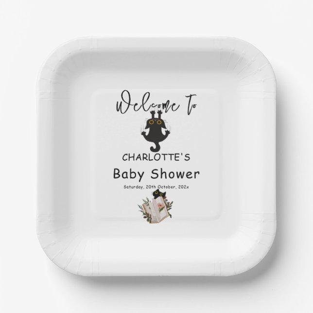 Funny Black Cat and Book Baby Shower Paper Plates (Front)