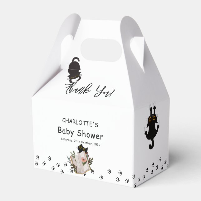 Funny Black Cat and Floral Book Baby Shower Favor Boxes (Front Side)