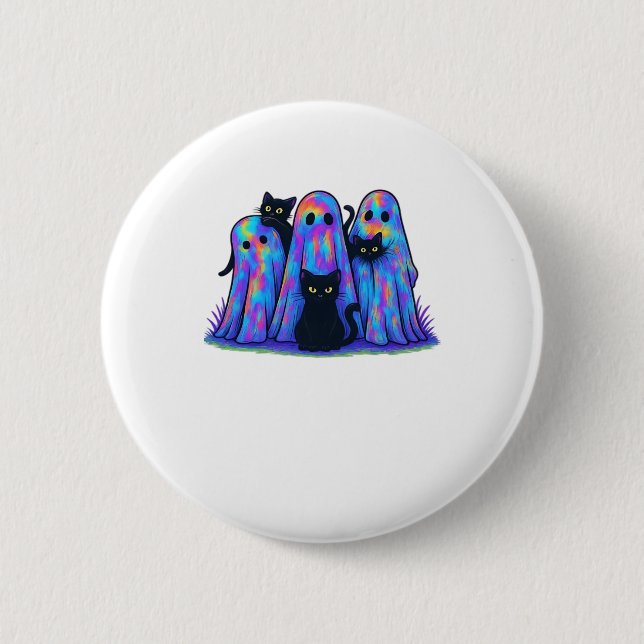 Funny Black Cat and Ghost Halloween Essential T-Sh Button (Front)