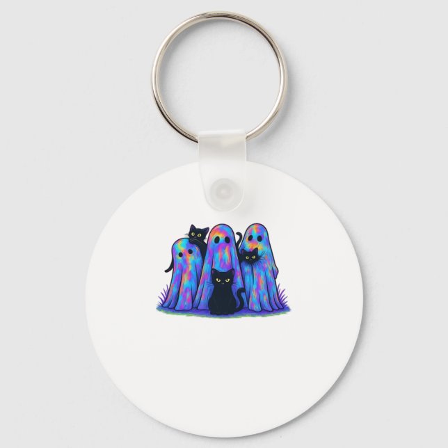 Funny Black Cat and Ghost Halloween Essential T-Sh Keychain (Front)