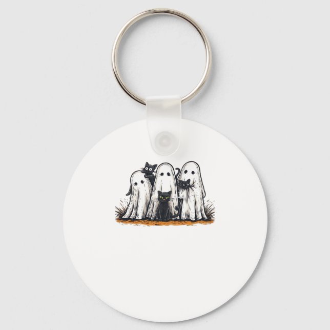 Funny Black Cat and Ghost Halloween Essential T-Sh Keychain (Front)