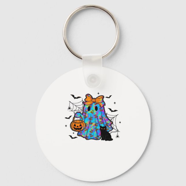 Funny Black Cat and Ghost Halloween Essential T-Sh Keychain (Front)