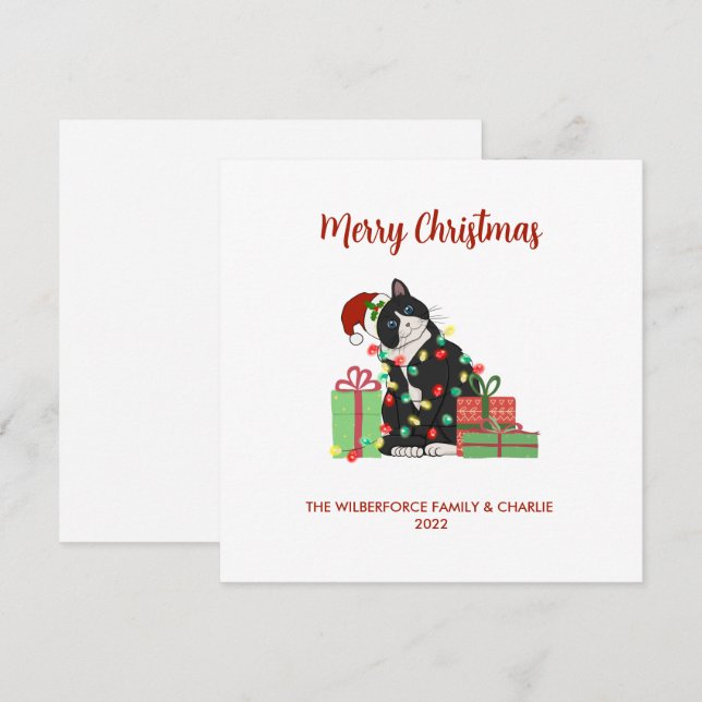 Funny Black Cat and Lights Christmas Holiday Card (Front/Back)