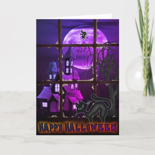 Funny Black Cat and Old House Halloween Card