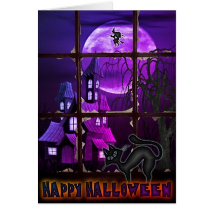 Funny Black Cat and Old House Halloween Card