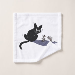 Funny Black Cat and Scared Mice Cartoon Towel