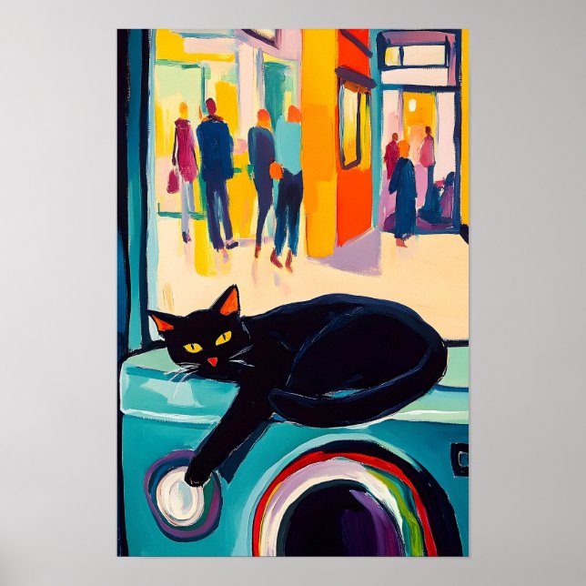 Funny Black Cat and Washing Machine Poster (Front)