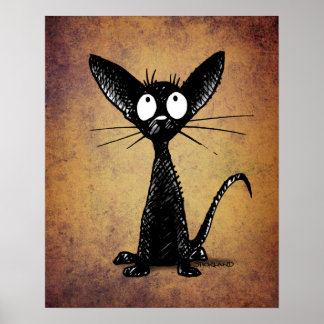 Funny Black Cat Art on Vintage Background Poster