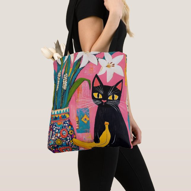 Funny Black cat Banana and Flower Vase Tote Bag (Close Up)