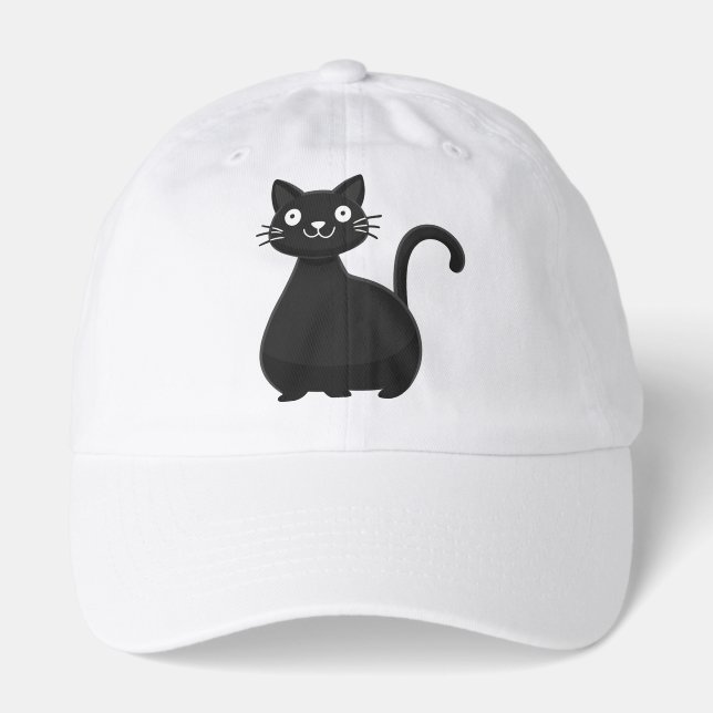 Funny Black Cat Big Eyes Cute Cat Illustration Hat (Front)