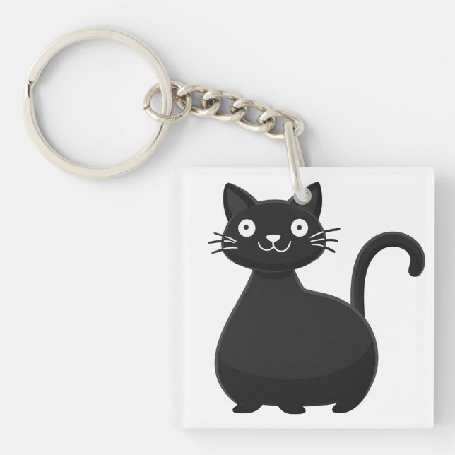 Funny Black Cat Big Eyes Cute Cat Illustration Keychain (Front)
