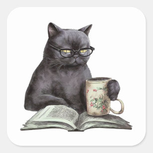 Funny Black Cat Book Lover Bookworm Coffee Reading Square Sticker