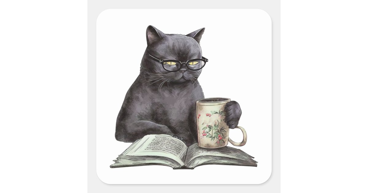 Funny Black Cat Book Lover Bookworm Coffee Reading Square Sticker | Zazzle