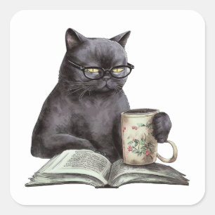 Funny Black Cat Book Lover Bookworm Coffee Reading Square Sticker