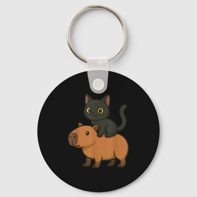 Funny Black Cat Capybara Animal Lover Mom Dad Kids Keychain (Front)