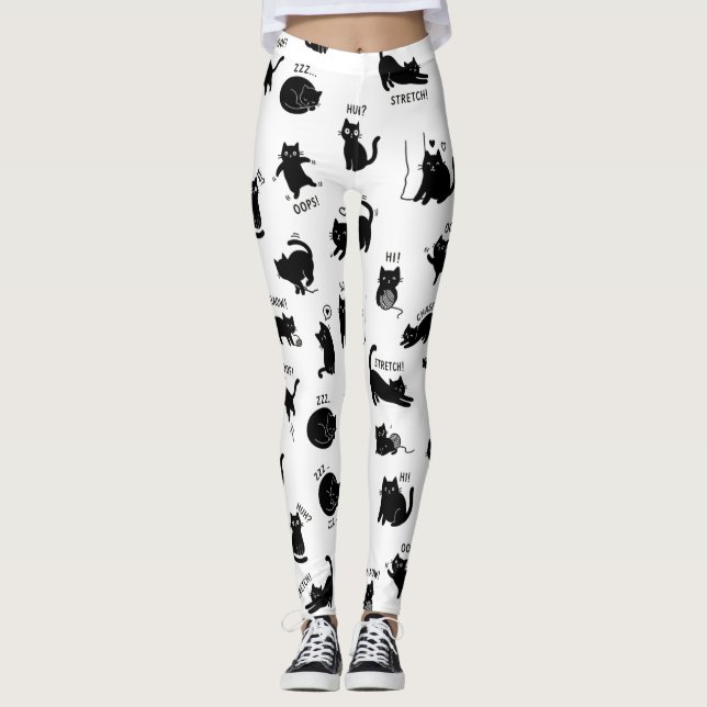 Funny Black Cat Cartoon Pattern Leggings (Front)