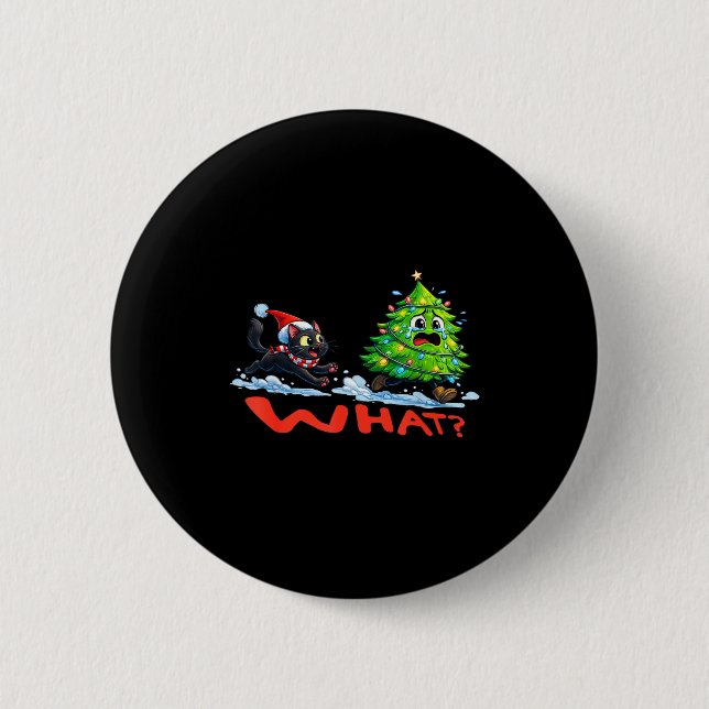 Funny Black Cat Chasing Christmas Tree Over Cat Wh Button (Front)