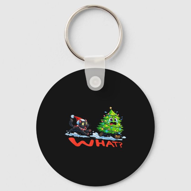 Funny Black Cat Chasing Christmas Tree Over Cat Wh Keychain (Front)