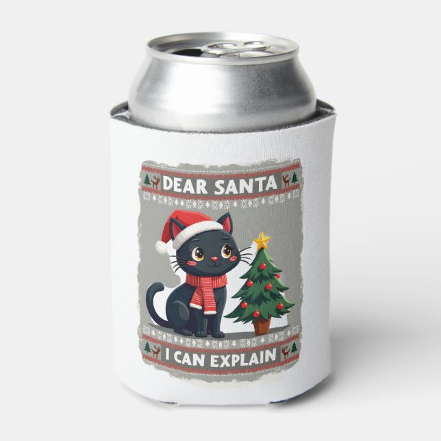 Funny Black Cat Christmas Dear Santa, I Can Explai Can Cooler (Can Front)