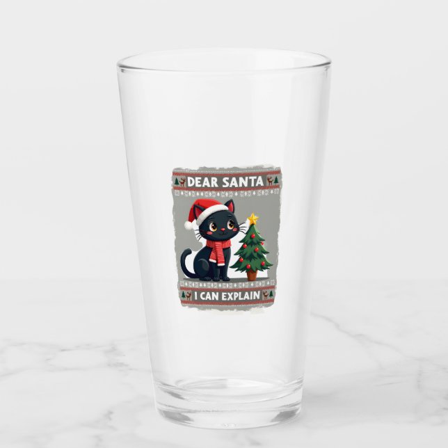 Funny Black Cat Christmas Dear Santa, I Can Explai Glass (Front)