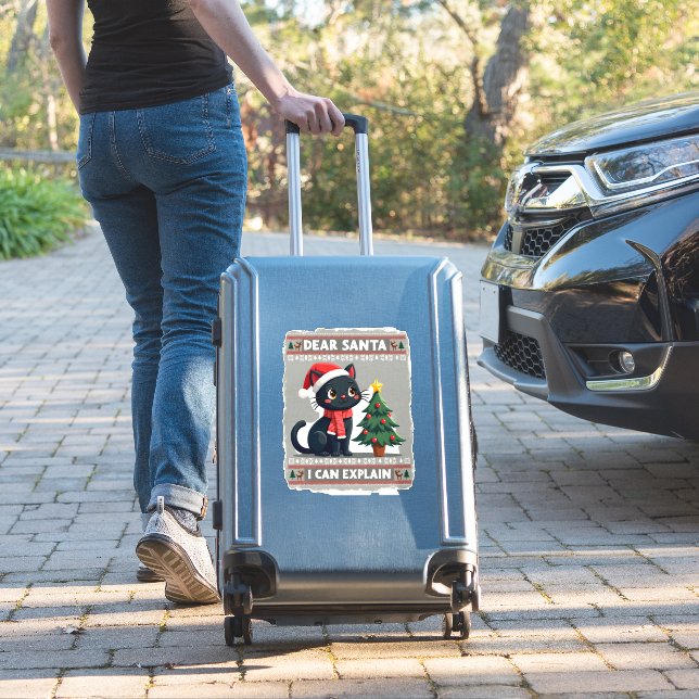 Funny Black Cat Christmas Dear Santa, I Can Explai Sticker (Suitcase Insitu)