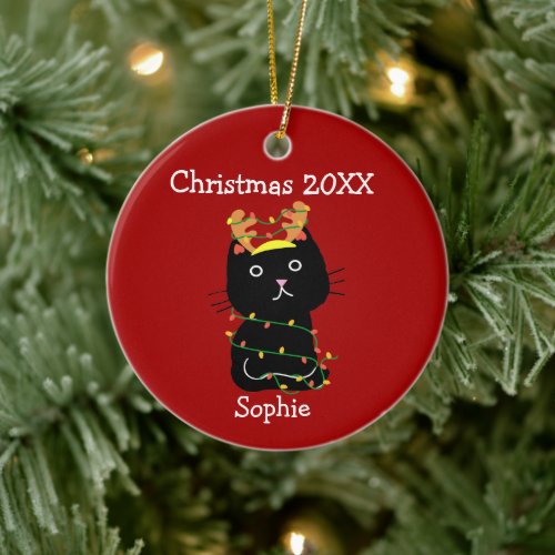 Funny Black Cat Christmas Drawing Monogram Red Ceramic Ornament