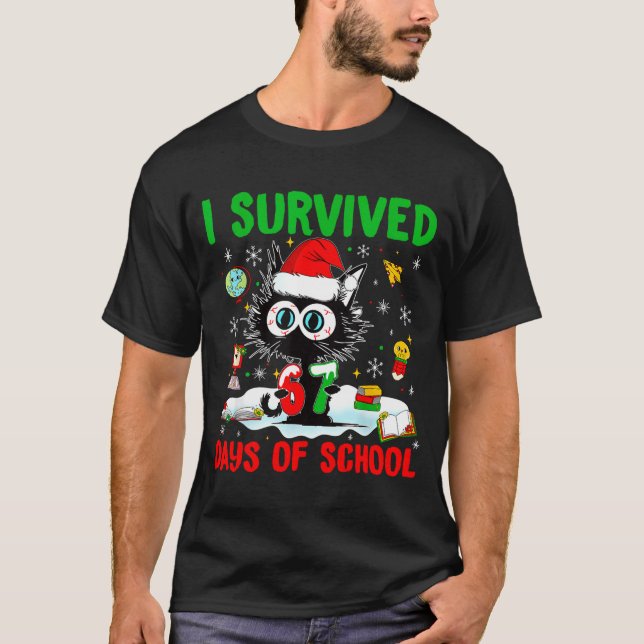 Funny Black Cat Christmas I Survived 67 Days Of Sc T-Shirt (Front)