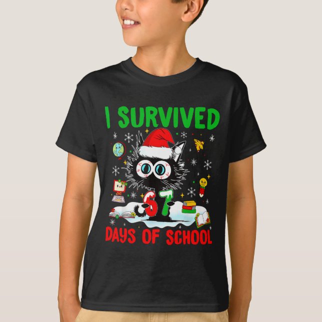 Funny Black Cat Christmas I Survived 67 Days Of Sc T-Shirt (Front)