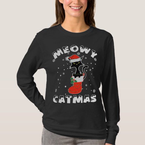 Funny Black Cat Christmas Lights Merry Meowy Catma T_Shirt