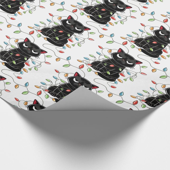 Funny Black Cat Christmas Lights Wrapping Paper (Corner)