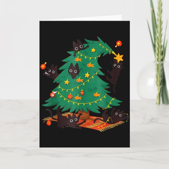Funny Black Cat Christmas Tree  Card (Front)