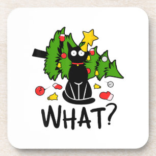 Funny Black Cat Christmas Tree Merry Santa Humor C Beverage Coaster