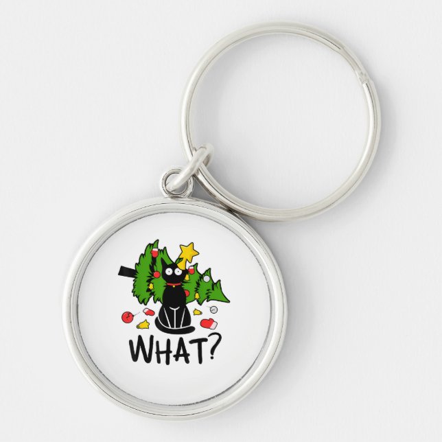 Funny Black Cat Christmas Tree Merry Santa Humor C Keychain (Front)